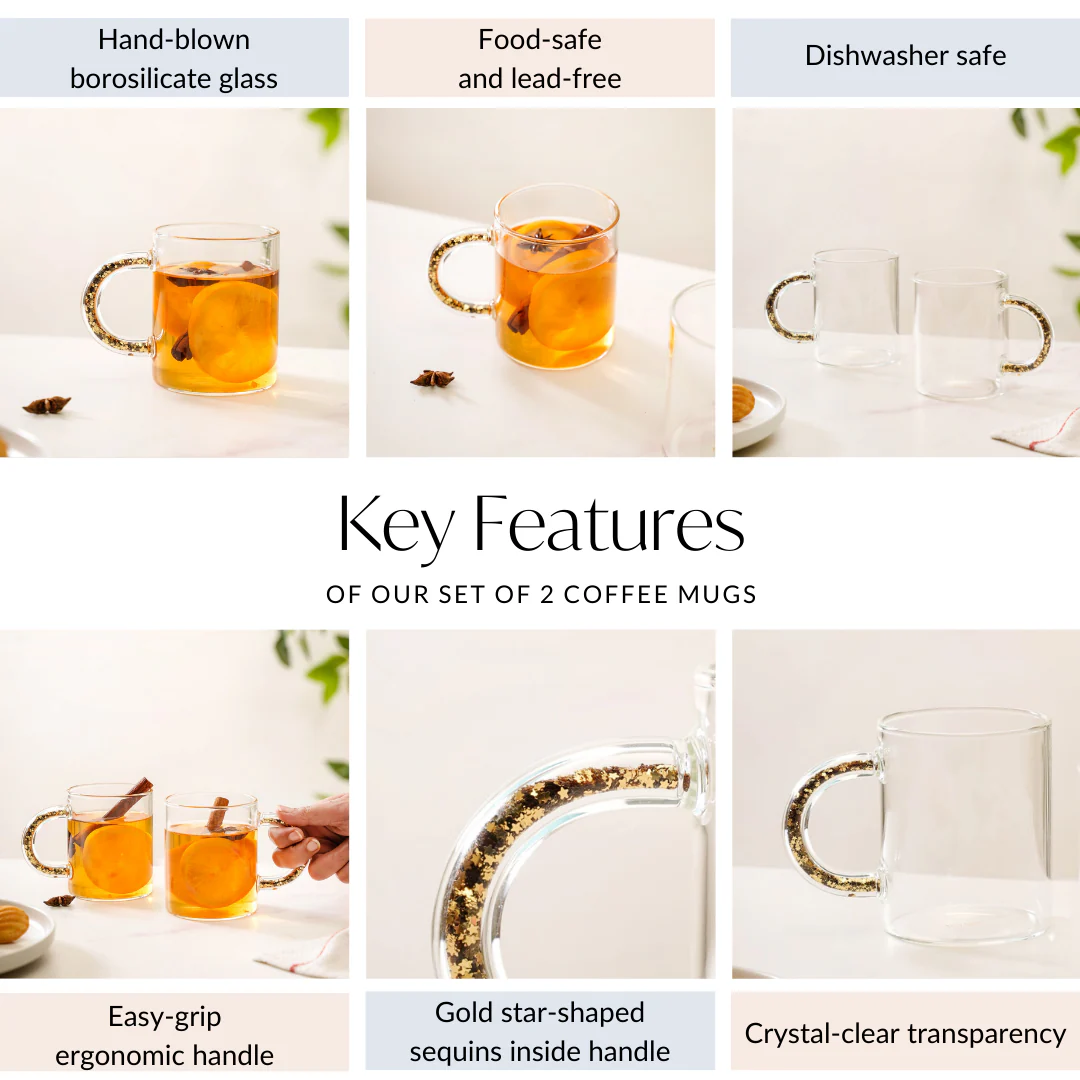 Gold Sparkle Handle Glass Coffee Mug Set Of 2 425ml - Image 4