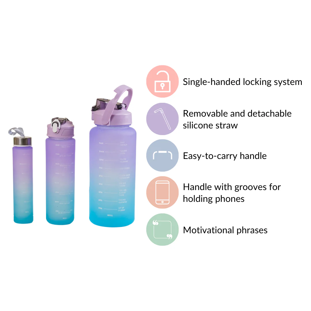 Gym Motivational Water Bottle Set Of 3 Lavender Blue - Image 6