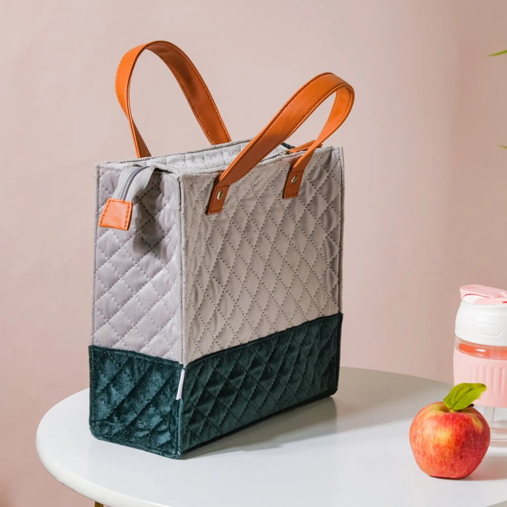Luxe Velvet Lunch Bag Grey And Green - Image 6