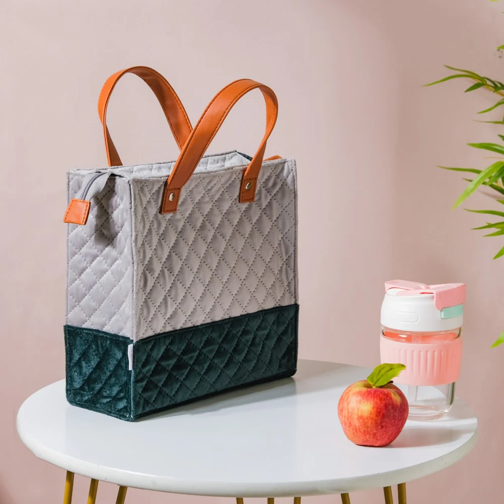 Luxe Velvet Lunch Bag Grey And Green - Image 9