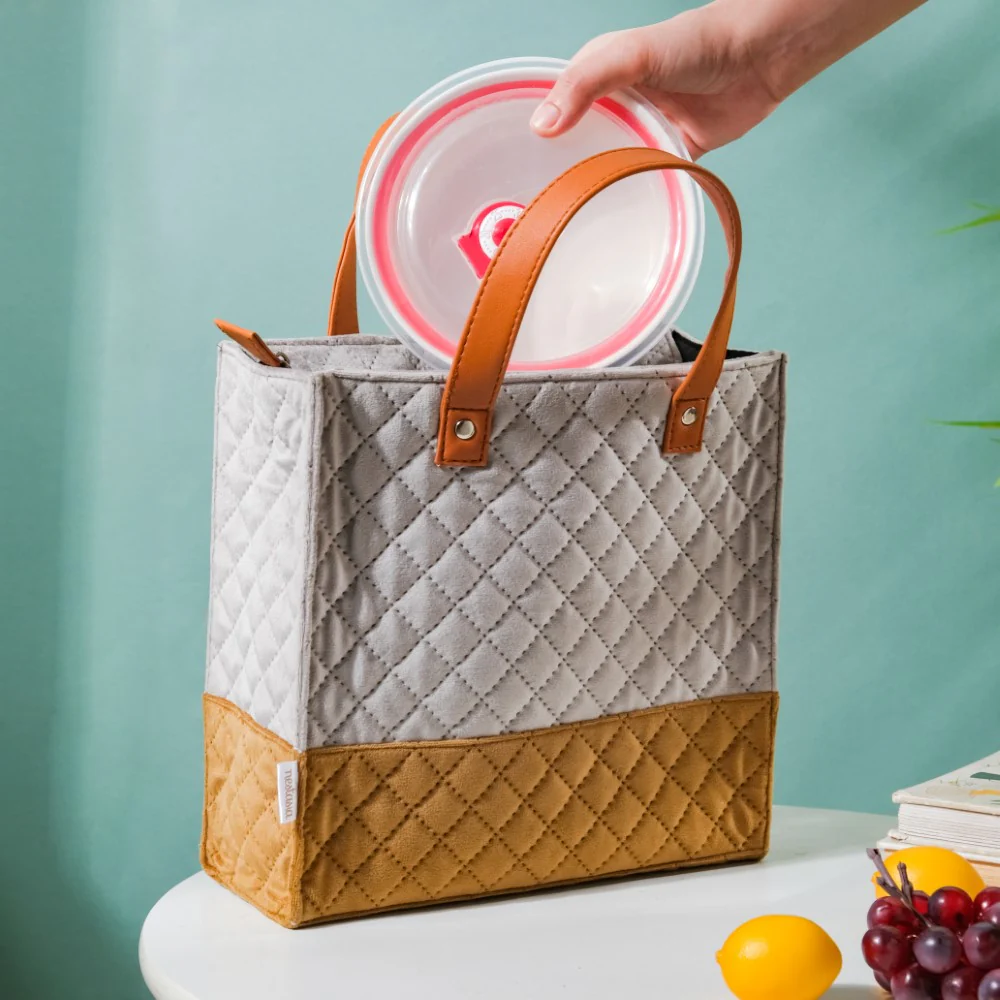 Luxe Velvet Lunch Bag Grey And Brown - Image 3