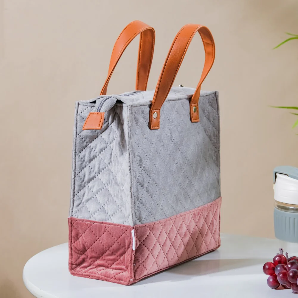 Luxe Velvet Lunch Bag Grey And Pink - Image 13