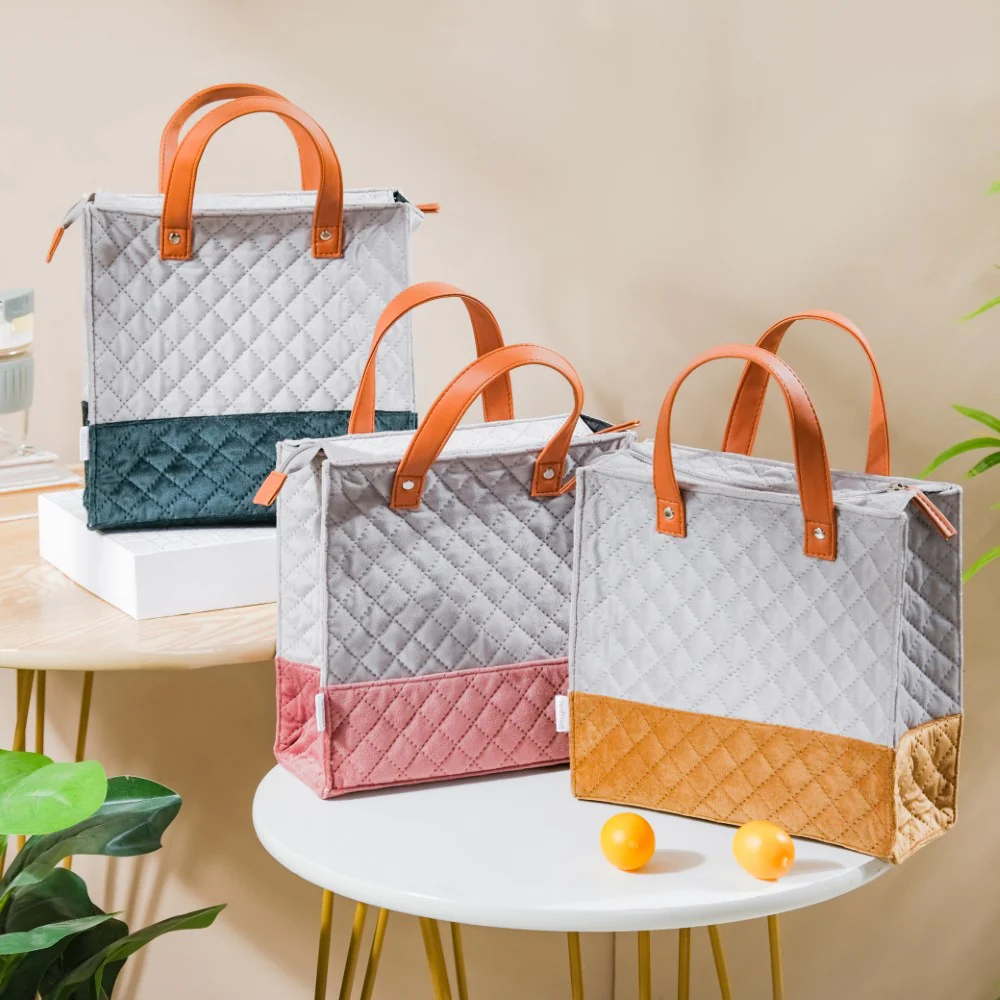 Luxe Velvet Lunch Bag Grey And Pink - Image 14