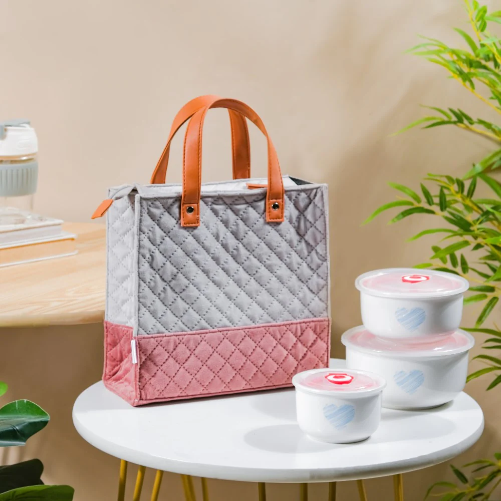 Luxe Velvet Lunch Bag Grey And Pink - Image 3