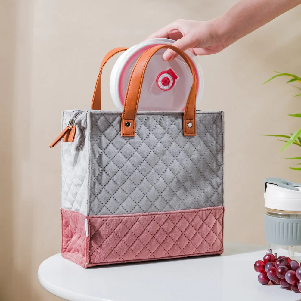 Luxe Velvet Lunch Bag Grey And Pink - Image 4