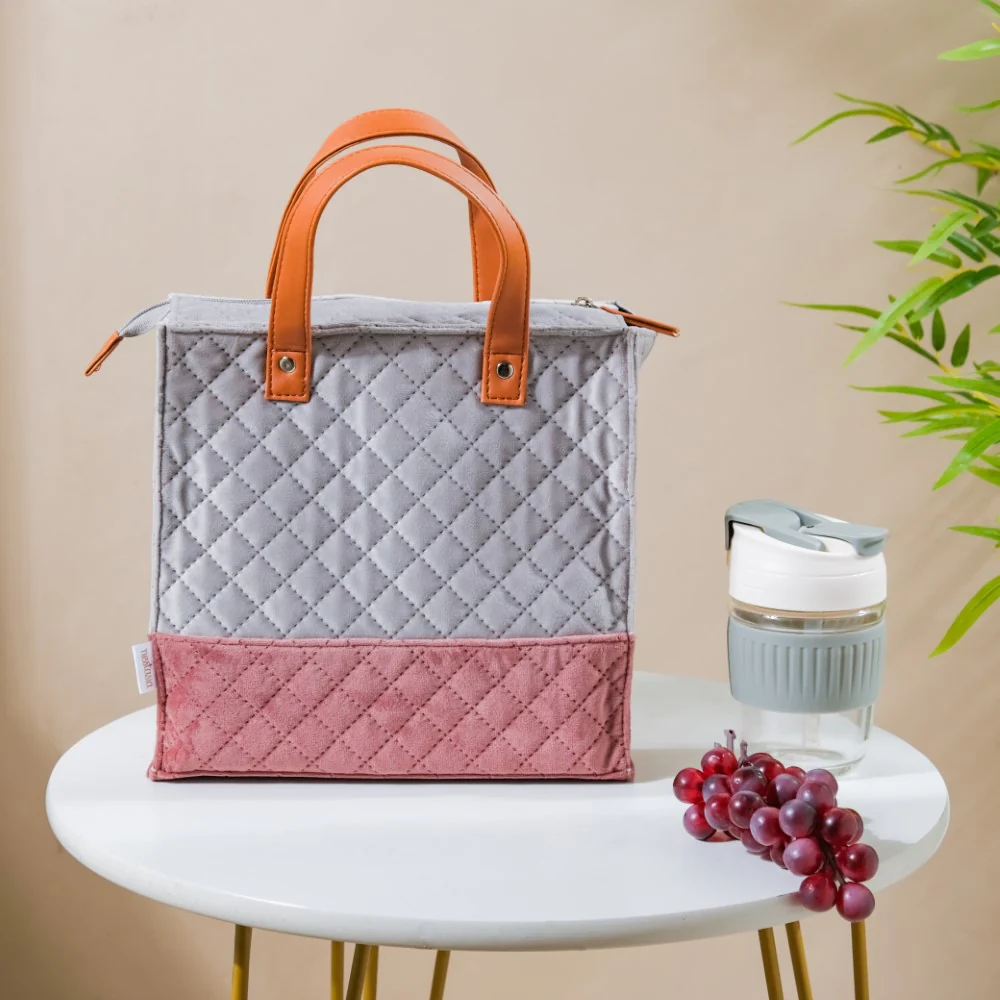 Luxe Velvet Lunch Bag Grey And Pink - Image 7