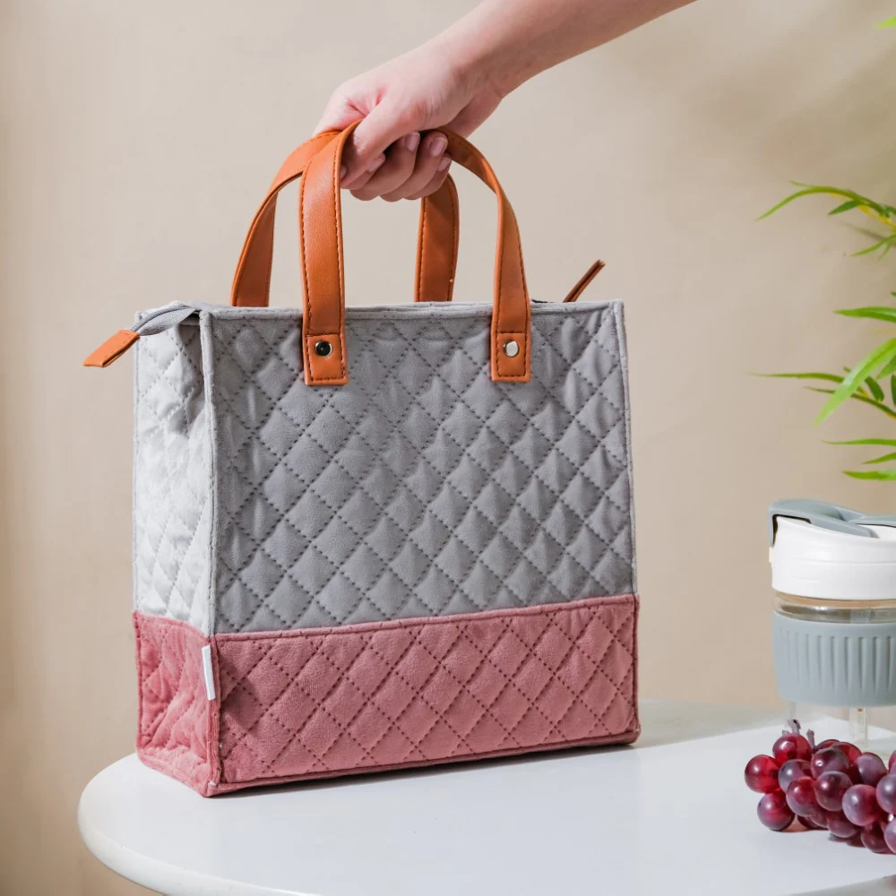 Luxe Velvet Lunch Bag Grey And Pink - Image 9