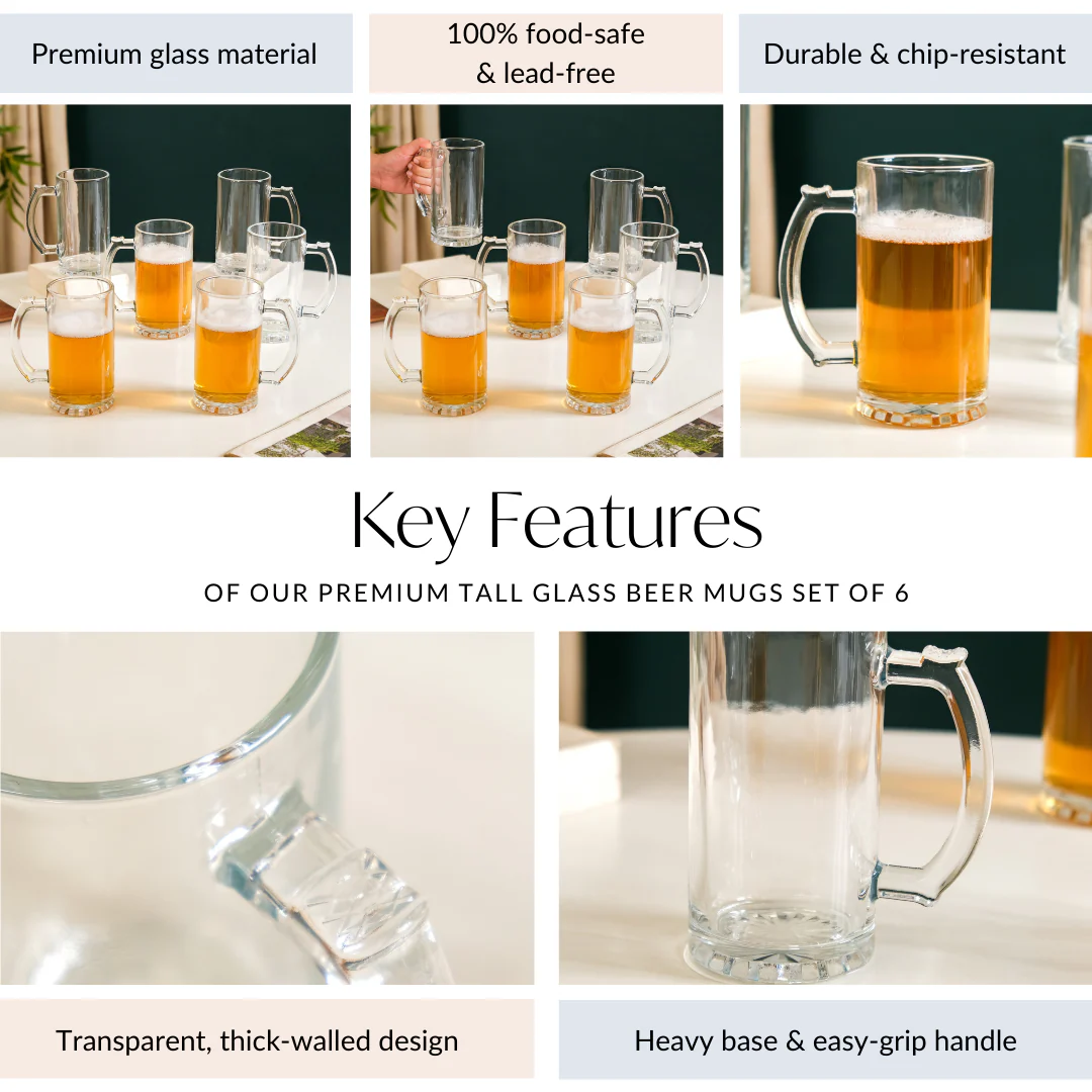 Premium Tall Glass Beer Mugs Set Of 6 520ml - Image 5