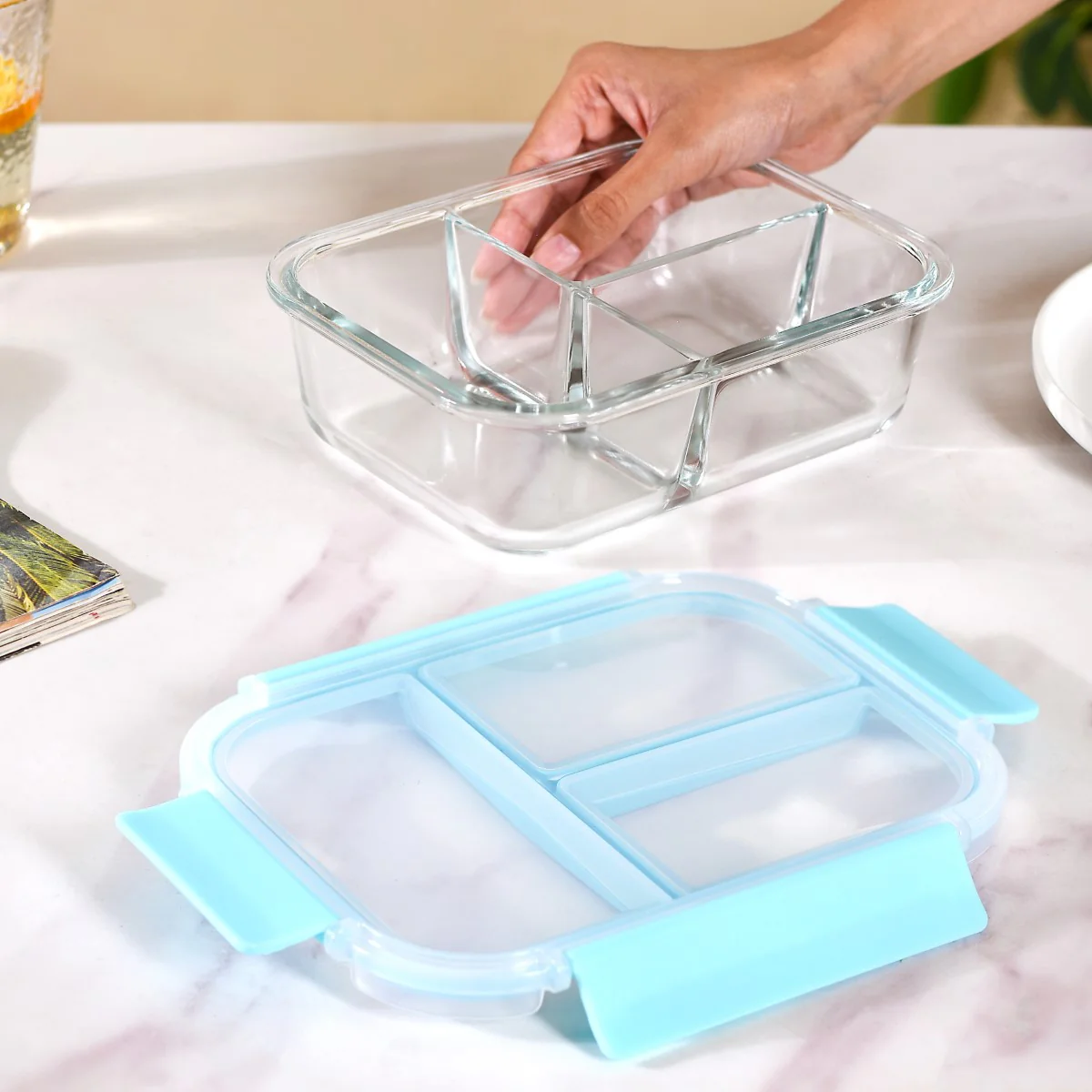 Sealed Three Compartment Glass Container Lunchbox 1000ml - Image 5