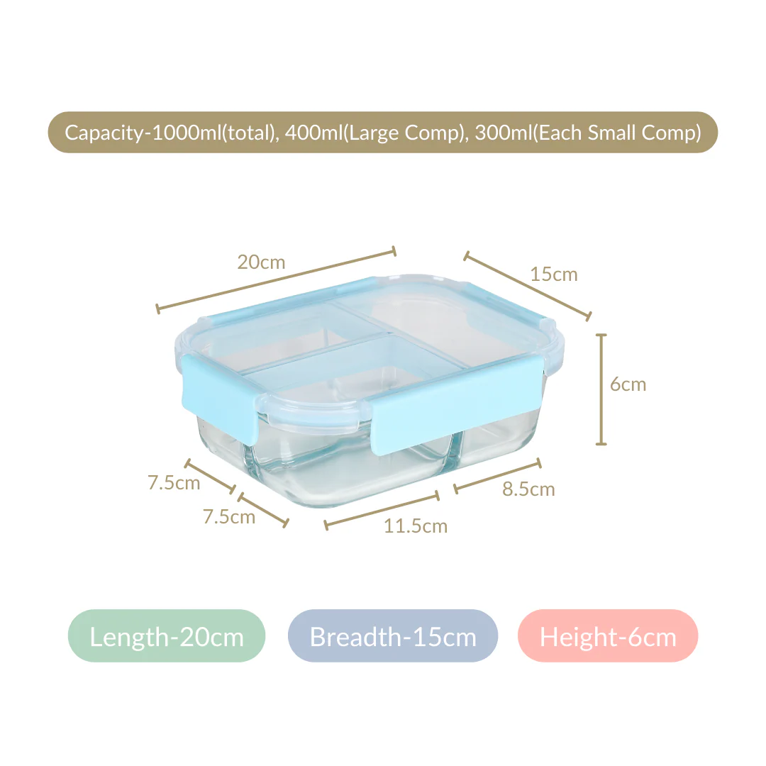 Sealed Three Compartment Glass Container Lunchbox 1000ml - Image 7