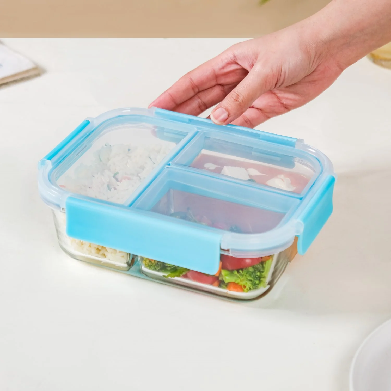 Sealed Three Compartment Glass Container Lunchbox 1000ml - Image 8