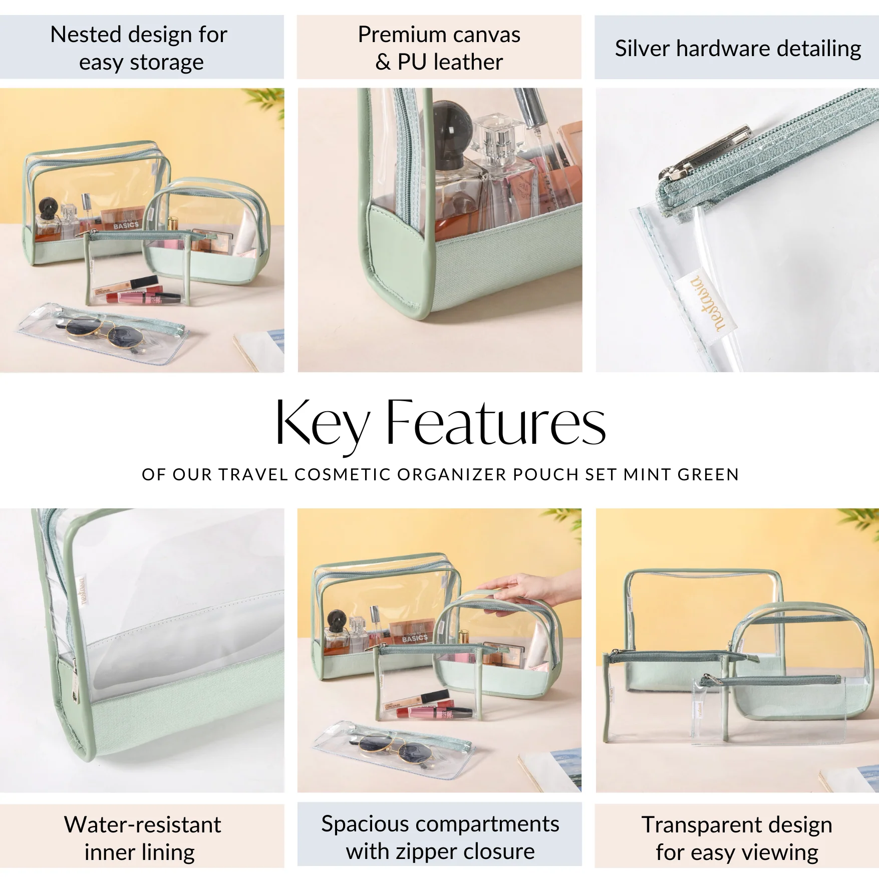 Set Of 4 Travel Cosmetic Organizer Pouch Mint Green - Image 5