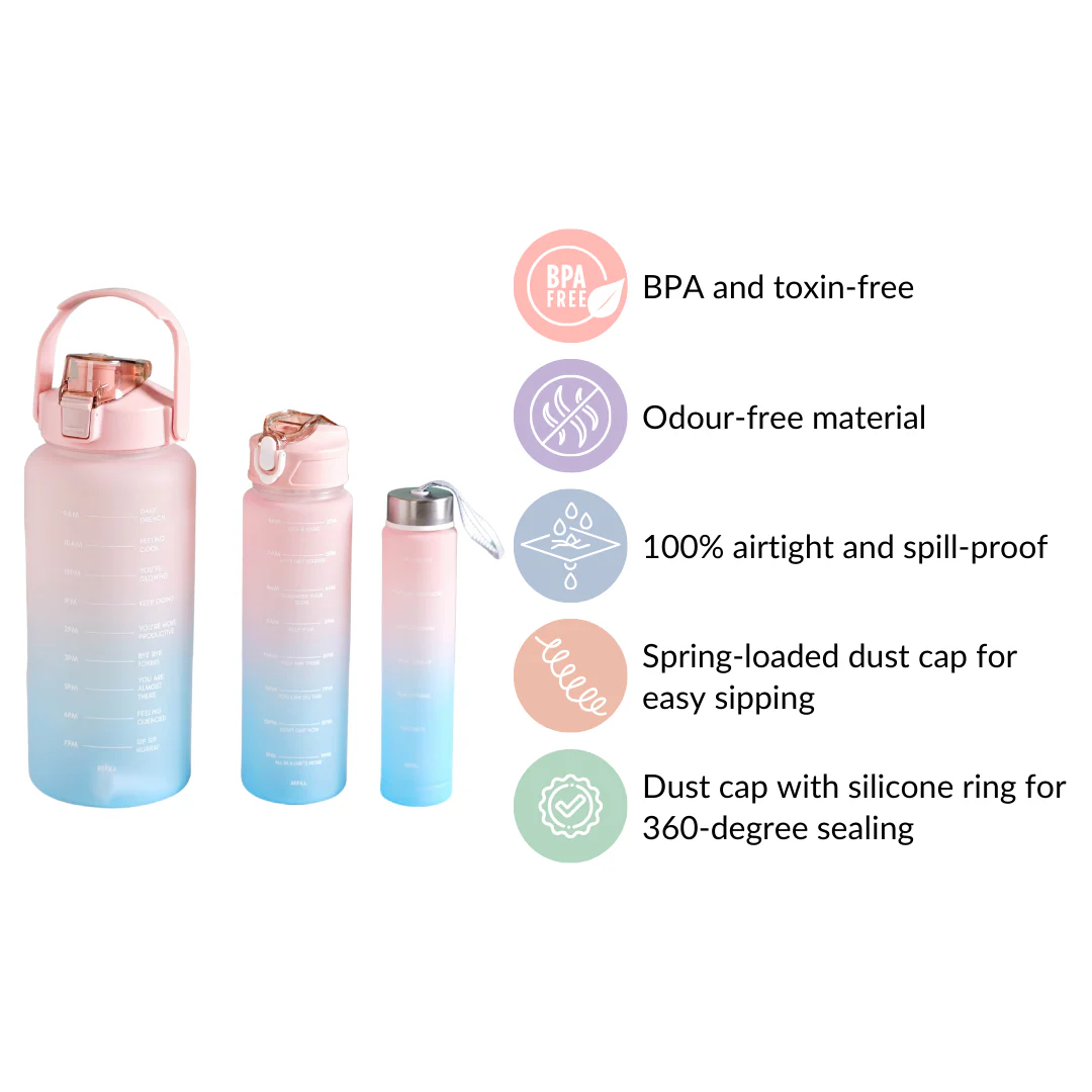 Sporty Motivational Water Bottles Set Of 3 Pink Blue - Image 6